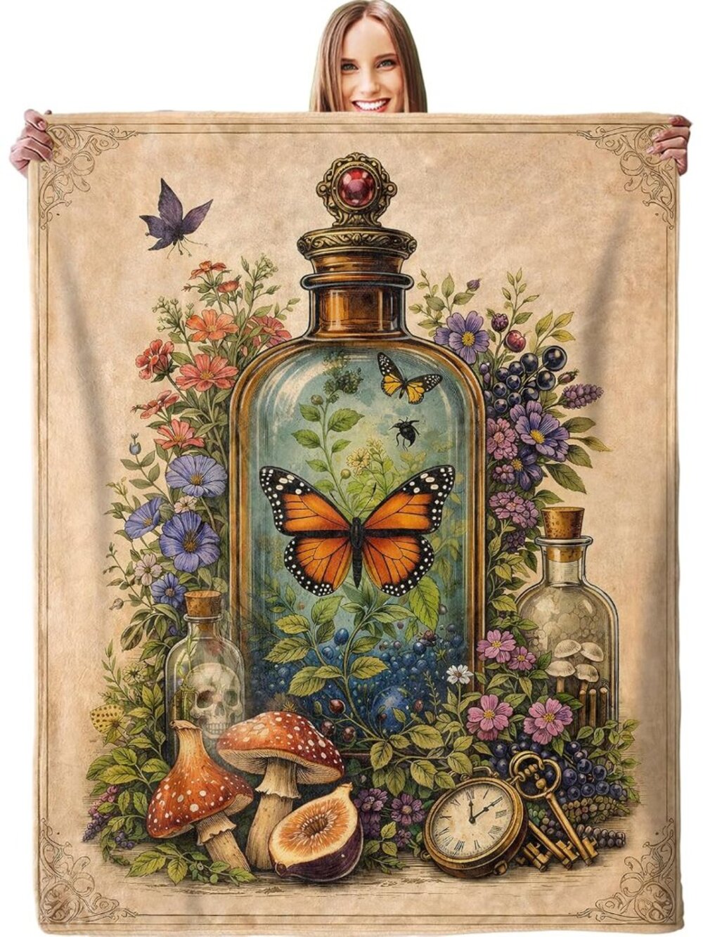 Vintage Potion Bottle Butterfly Blanket, Soft Mushroom Botanical Throw Blanket G